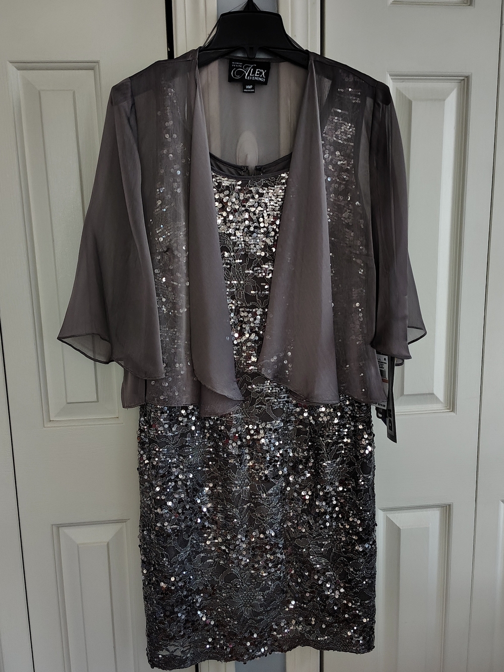 Alex Evenings Two Piece Sequin Taupe Cocktail Dress with Sheer Jacket 14P